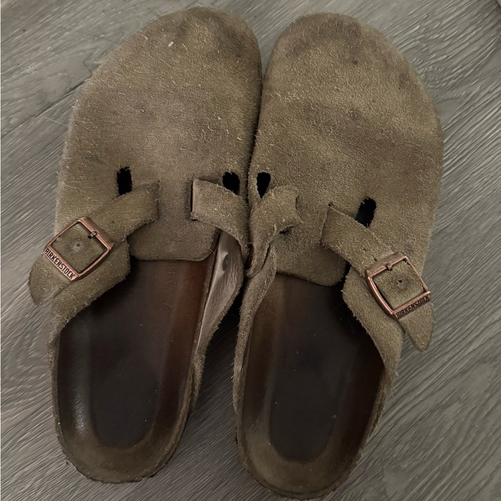 Brown Suede Clogs with Buckle Birkenstocks Bostons